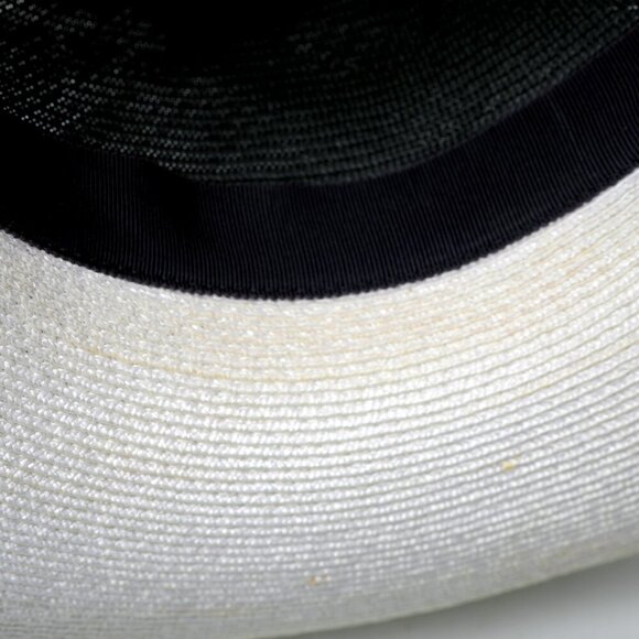 Vintage Filene's Wide Brim Straw Sun Hat Black White Grosgrain Ribbon Bow - Picture 7 of 10